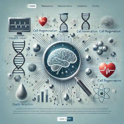 Illustration mit wissenschaftlichen Elementen wie einem digitalen Gehirn, DNA-Strängen und einer Lupe, die Spermidin-Moleküle fokussiert, um die Spermidin Forschungsstudien und gesundheitlichen Vorteile von Spermidin darzustellen.