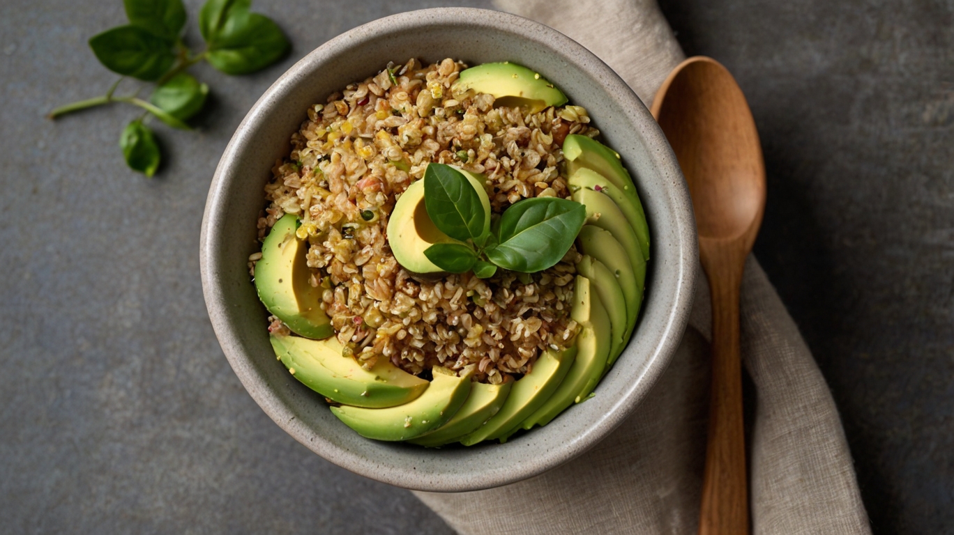 Spermidin Power Bowl eine Schüssel Essen mit Avocado und Basilikum und weiteren Zutaten,