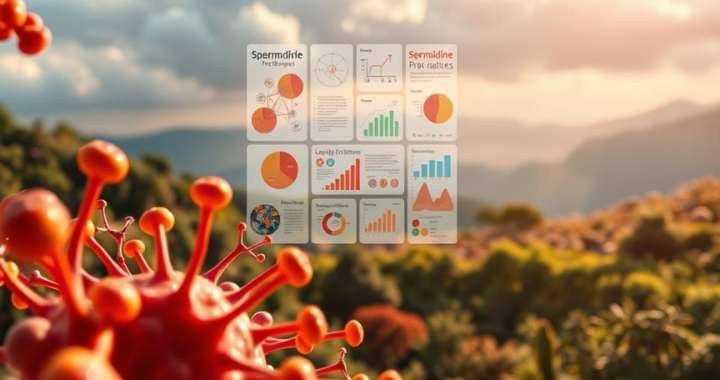 Spermidin-Molekül mit Anti-Aging-Diagrammen vor natürlicher Kulisse