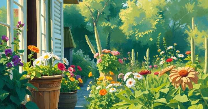 Heilpflanzen in Töpfen und Beeten in einem sonnigen Garten oder auf dem Balkon