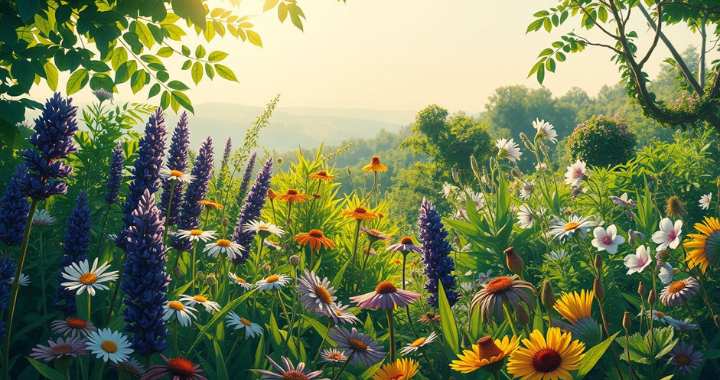 Heilkräuter und Wildpflanzen in voller Blüte an einem sonnigen Sommertag