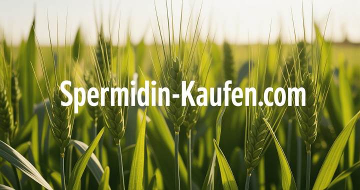 Grünes Weizenfeld im Sonnenlicht mit dem Schriftzug Spermidin-Kaufen.com in der Mitte