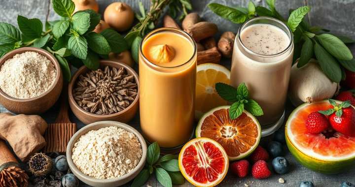 Heilpflanzen-Pulver wie Ashwagandha und Acerola mit Superfood-Smoothies und frischen Zutaten